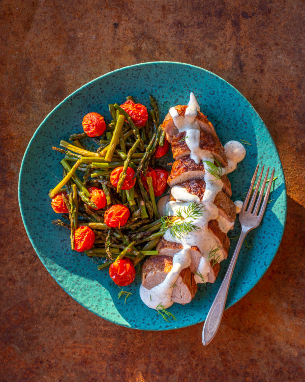 Pork Tenderloin with Creamy Dill Sauce and Roast Asparagus and Tomatoes