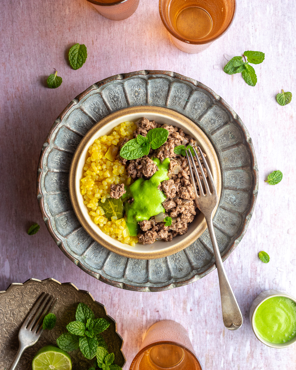 Curried Beef over Turmeric “Rice” with Cilantro Mint Chutney – Primal ...