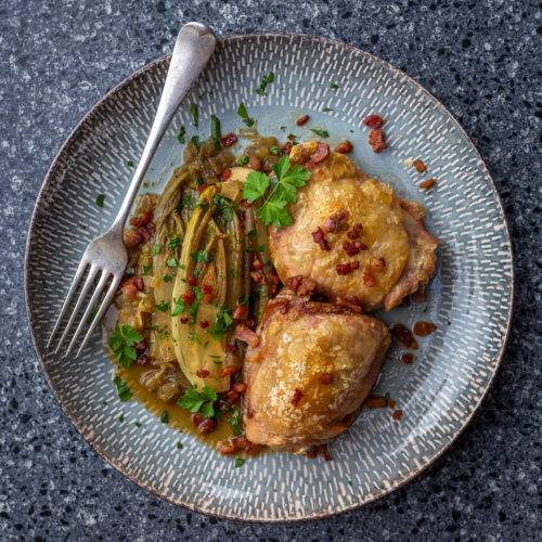 Roasted Chicken Thighs with Braised Endive and Pancetta – Primal Wellness