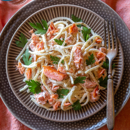 Hearts of Palm Pasta with Smoked salmon and Horseradish Sauce – Primal ...