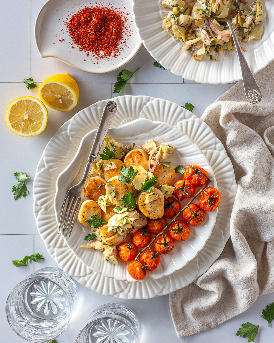 Scallops with Slow Roasted Tomatoes and Artichoke Salsa – Primal Wellness