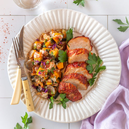 Harissa Rubbed Pork Tenderloin with Roast Kabocha and Red Onion with ...