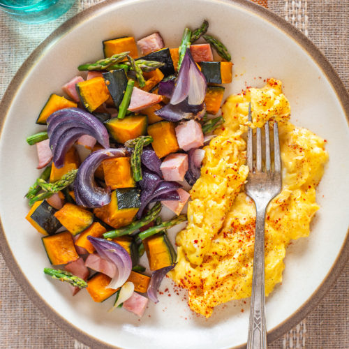 Ham, Asparagus, and Kabocha Hash with Scrambled Eggs – Primal Wellness