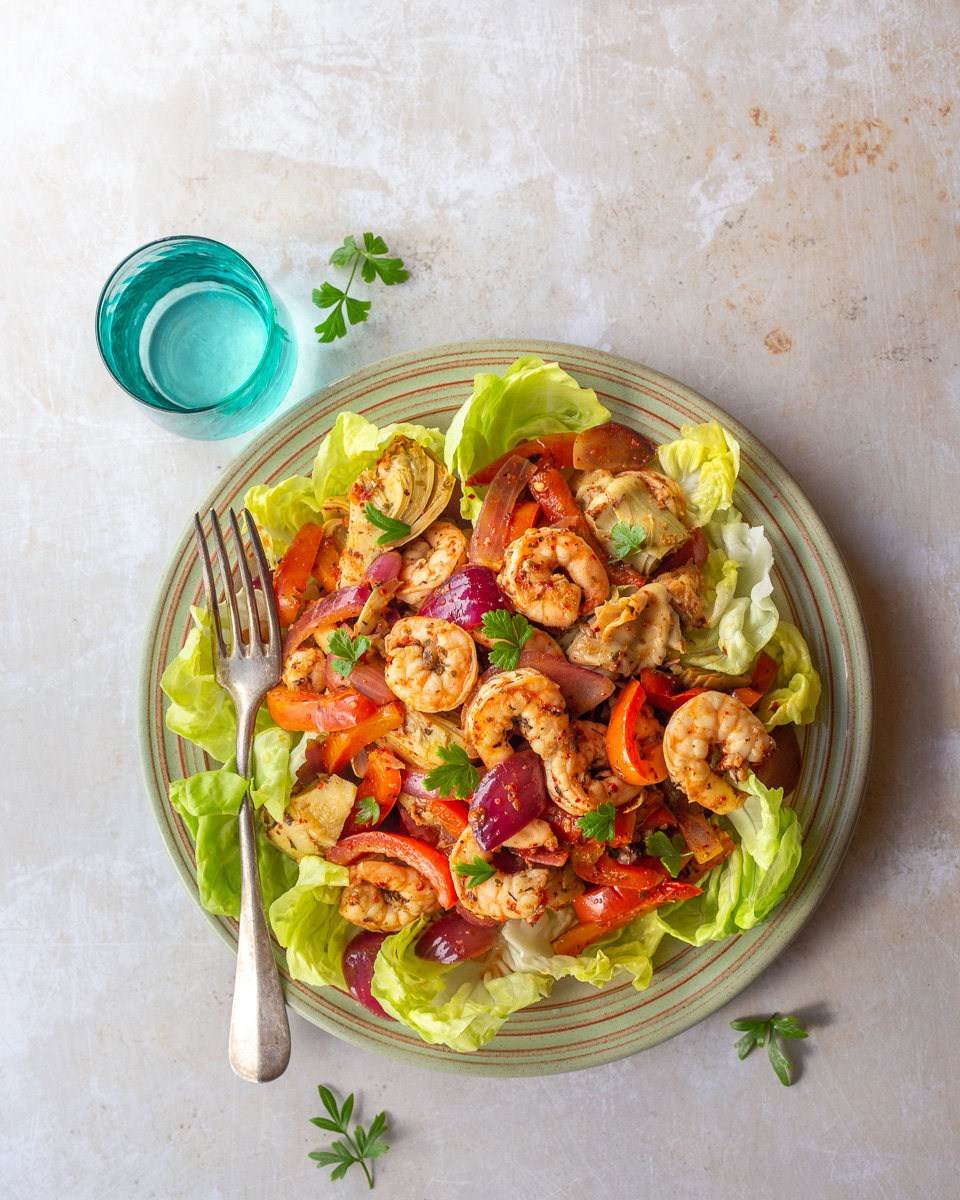 Italian Shrimp Salad with Marinated Artichoke Hearts, Bell Pepper, and