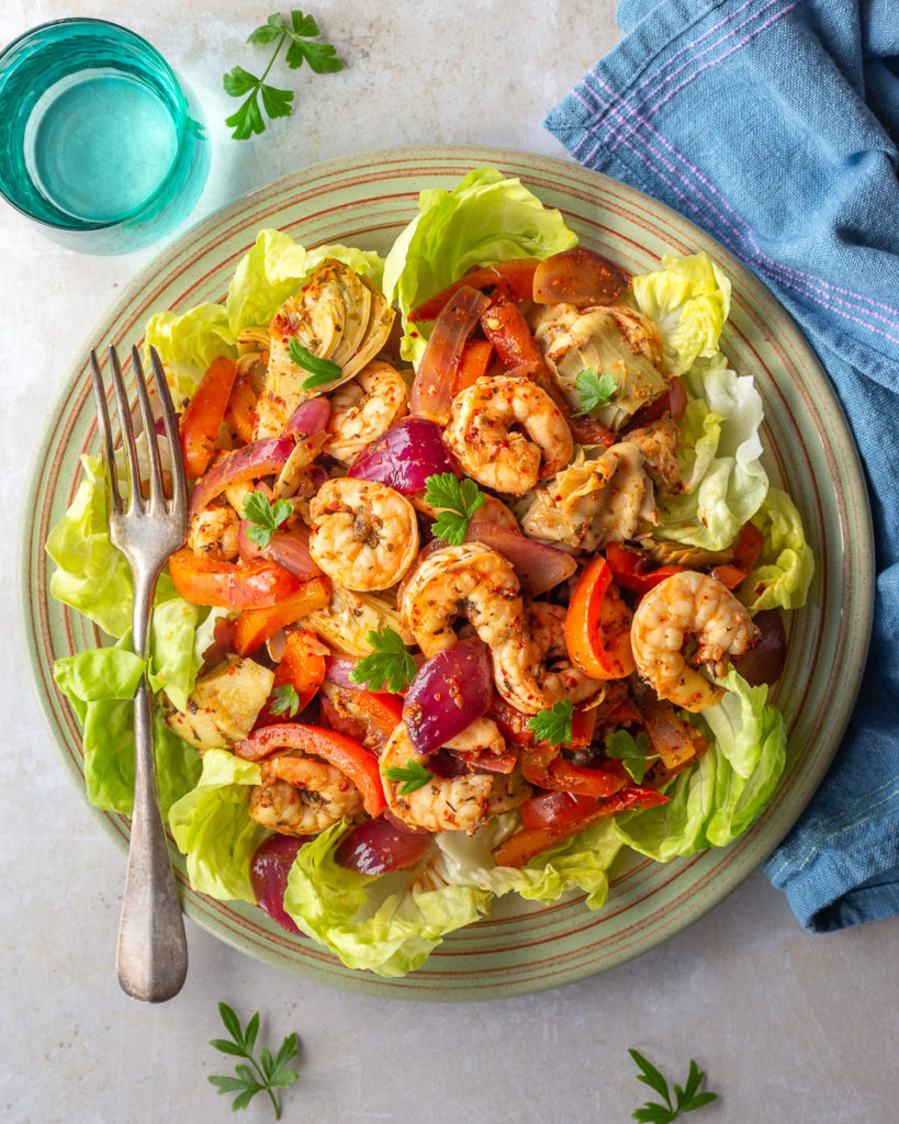 Italian Shrimp Salad with Marinated Artichoke Hearts, Bell Pepper, and