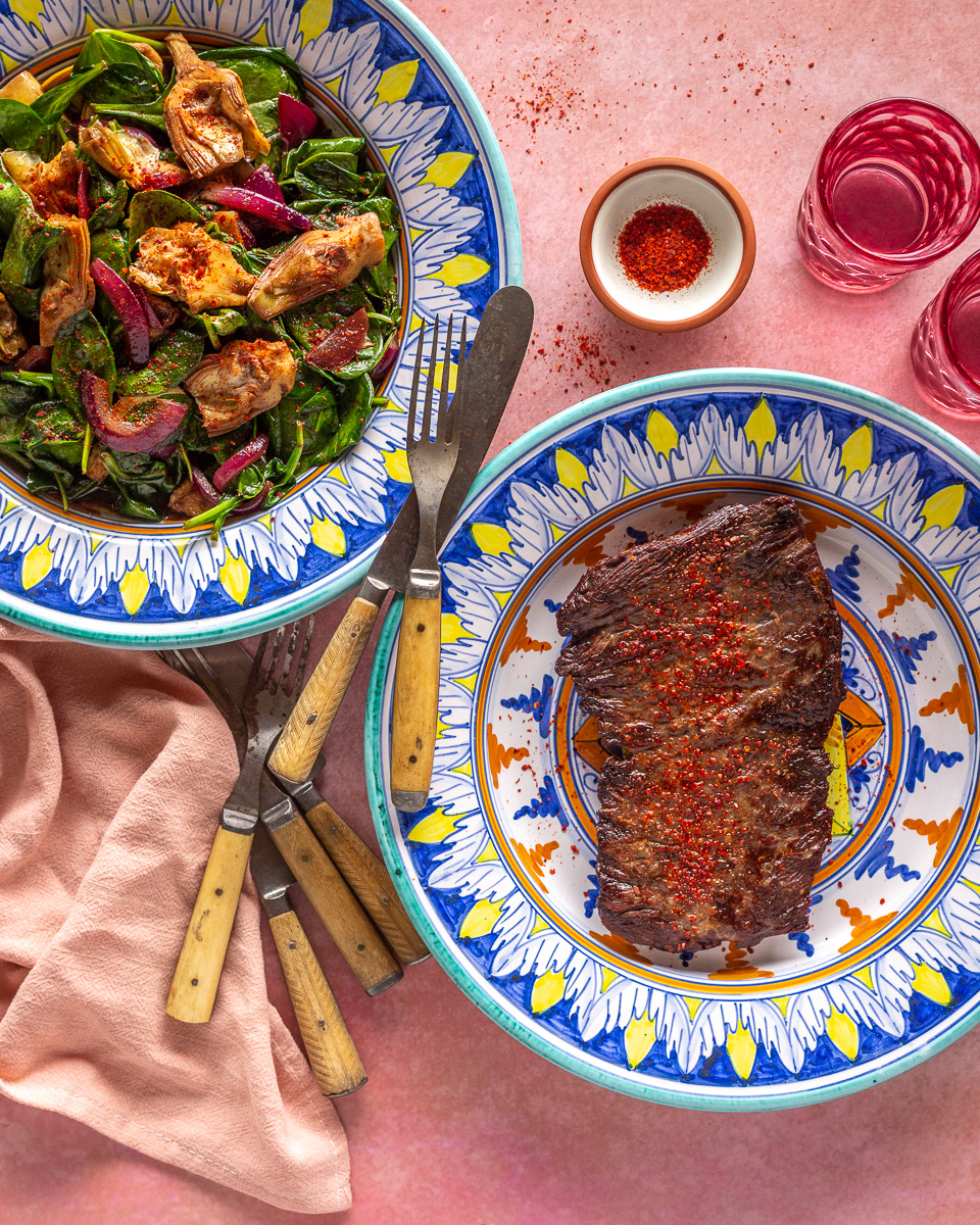 Skirt Steak with Balsamic Artichoke, Red Onion, and Spinach Salad