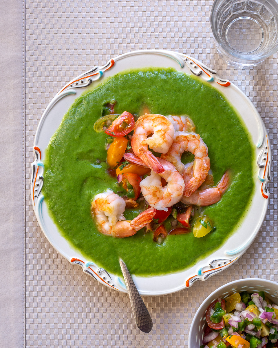 Cream of Zucchini Soup with Cherry Tomato Salsa and Grilled Shrimp