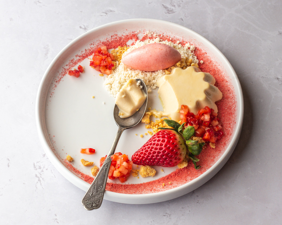 Caramelized White Chocolate Panna Cotta with Strawberry Sorbet
