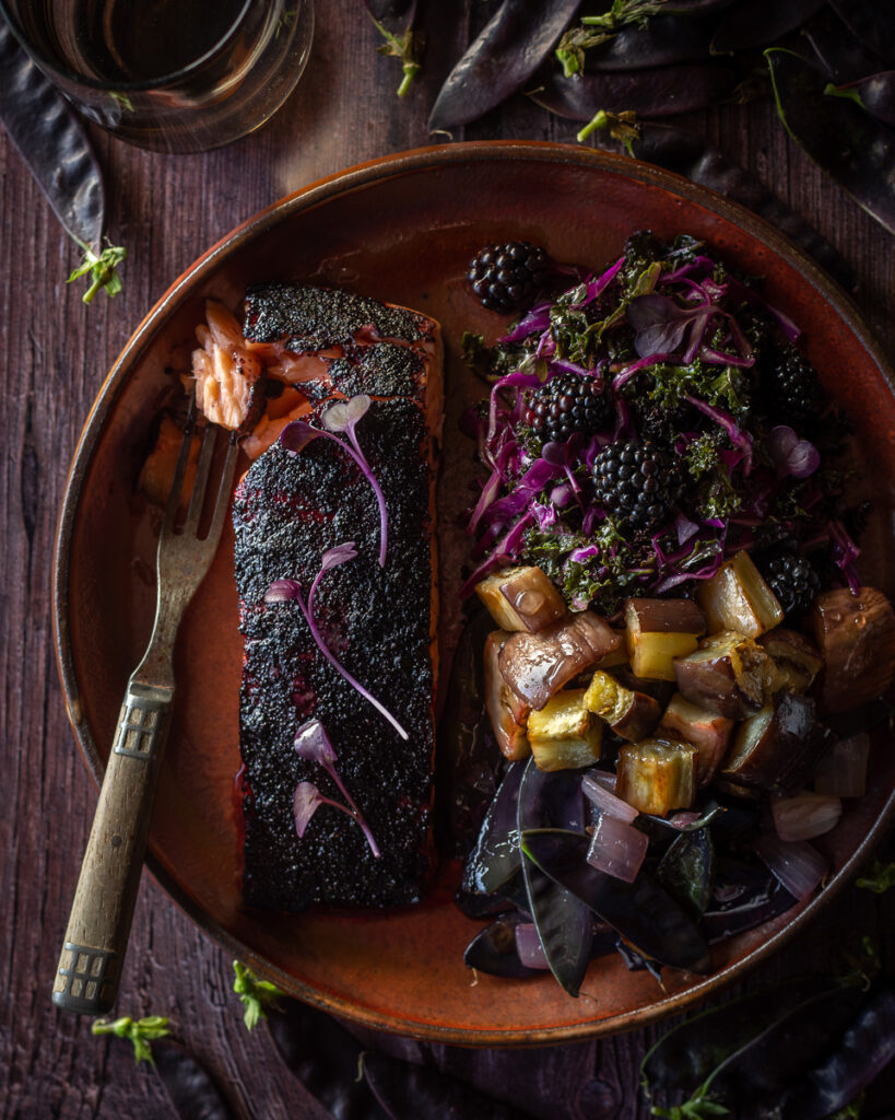 https://primalwellness.coach/wp-content/uploads/2023/06/Elderberry-and-Pomegranate-Salmon-with-Purple-Snow-Pea-and-Red-Onion-Saute-Roast-Eggplant-with-Sugar-Free-Honey-and-Massaged-Purple-Kale-and-Red-Cabbage-Salad-with-Blackberries-9-819x1024.jpg